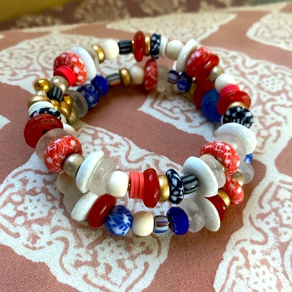 Handmade bracelet set, red,white, blue, African glass beads 2 bracelets … - Picture 1 of 14